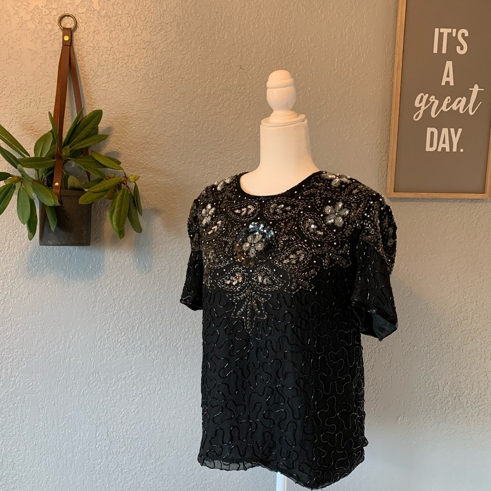 Beaded Top 100% Silk Black Made in India L - Picture 4 of 8